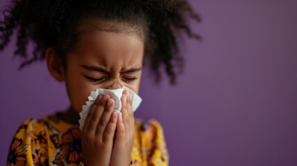 Blowing her nose into a white tissue, the afro child girl takes care of a runny nose.