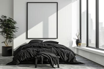 : A minimalist bedroom with a monochrome black bed, adorned with minimalist,