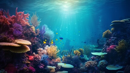 Naklejka na ściany i meble A mesmerizing underwater scene with colorful marine life and coral reefs, providing a corner space for text overlay in the aquatic environment - Generative AI