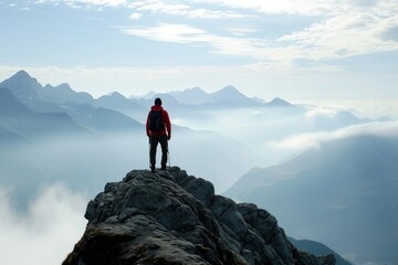 "Solitary hiker on mountain peak, contemplating achievement and view."
