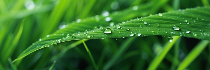 Green grass with dew drops. Natural floral background. Grass background. Morning dew, close-up, macro. Daylight.	