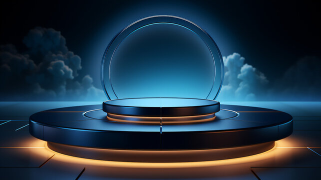 Dark blue background with round podium for product presentation, dark clouds on background
