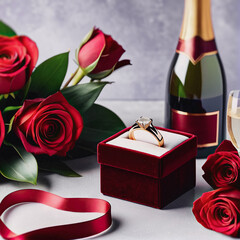 Ring in a red velvet gift box for Valentine's day. Champagne and flowers on the background.