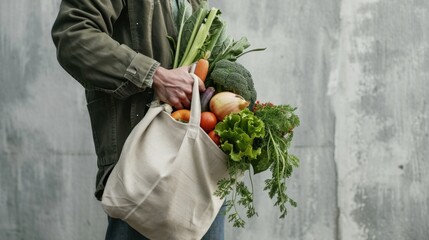 Amidst the farmers market stalls, a man holds a reusable bag filled with farm produce.