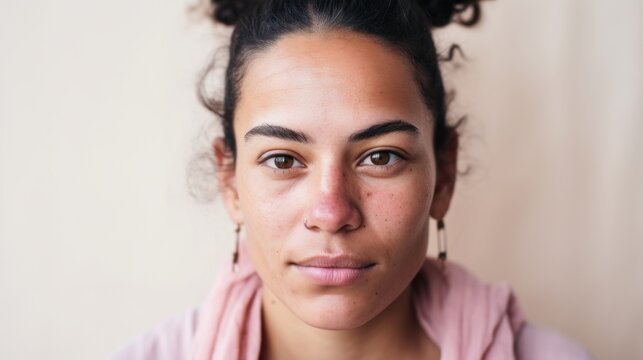An intimate image of a Moroccan woman looking directly at the camera, embracing her flawed skin against a light beige setting.