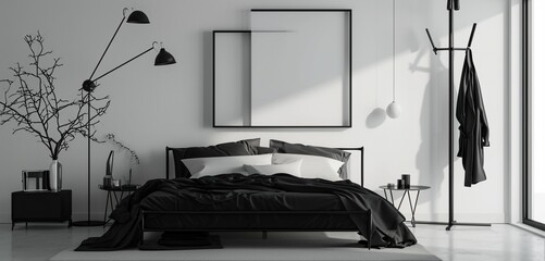 : A minimalist bedroom with a monochrome black bed, a contemporary black coat rack, and an empty mockup frame against a clean, light wall - Powered by Adobe