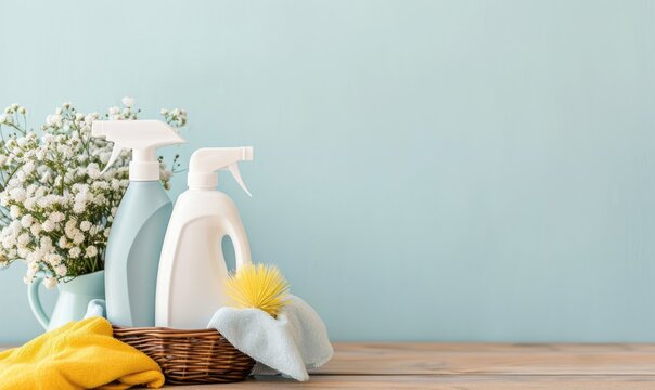Cleaning set for different surfaces in kitchen, bathroom and other rooms. Basket with cleaning items on wooden table. Spring cleaning background. Cleaning service concept with copy space