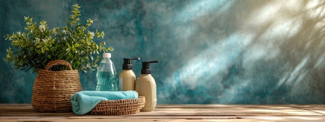 Cleaning set for different surfaces in kitchen, bathroom and other rooms. Basket with cleaning items on wooden table. Spring cleaning background. Cleaning service concept with copy space - Powered by Adobe