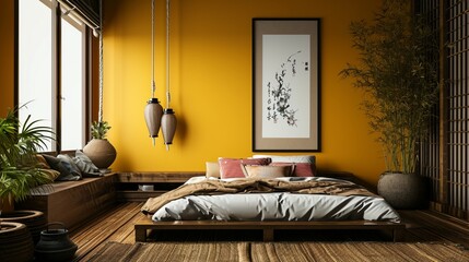 Asian Zen bedroom with a low futon bed, serene paintings, and a blank mockup frame on a bamboo yellow wall