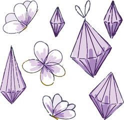 Hand drawing crystals and flowers isolated on white