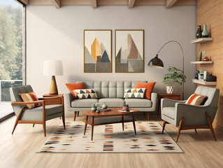 A stylish midcentury modern living room featuring iconic furniture pieces in vibrant colors.