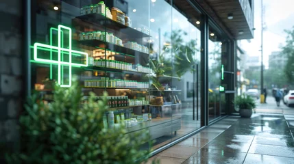 Fotobehang Pharmacy with a glowing neon cross sign in an urban setting, showcasing the pharmacy's exterior with shelves of products visible through the window. © MP Studio
