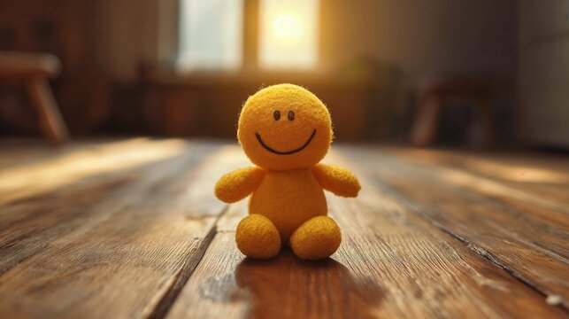 Smiley happy face plush toy on a wooden floor with sunlight cute