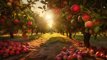 A meticulously rendered apple orchard bathed in the soft morning light, showcasing rows of laden trees adorned with crisp, red apples - Generative AI - obrazy, fototapety, plakaty