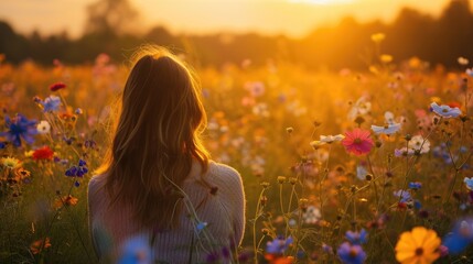 Woman on her back, contemplating a vibrant field of wildflowers in the morning light generative ai