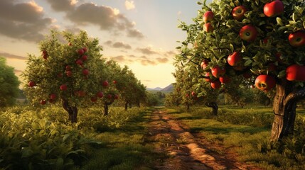 A meticulously rendered apple orchard bathed in the soft morning light, showcasing rows of laden trees adorned with crisp, red apples - Generative AI - obrazy, fototapety, plakaty