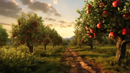 Fotobehang A meticulously rendered apple orchard bathed in the soft morning light, showcasing rows of laden trees adorned with crisp, red apples - Generative AI © Huzaifa