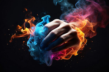 hands clenched into colorful smoke - obrazy, fototapety, plakaty