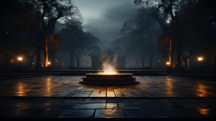 Eternal flame in the park at night in the fog with lanterns.