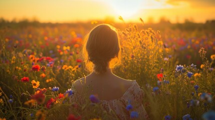 Woman on her back, contemplating a vibrant field of wildflowers in the morning light generative ai - obrazy, fototapety, plakaty