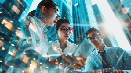 Businessperson's having a discussion, superimposed with the reflective glass facade of a skyscraper, creating a double exposure effect that blends their figures with the cityscape.
