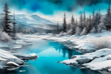 Raamstickers Beautiful watercolors of a winter lake between high mountains. Winter landscape in retro style. © elena_hramowa
