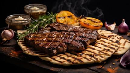 grilled beef steak with tomatoes and spices on the wooden background