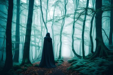 A mysterious figure in the midst of a foggy forest, the trees shrouded in mist
