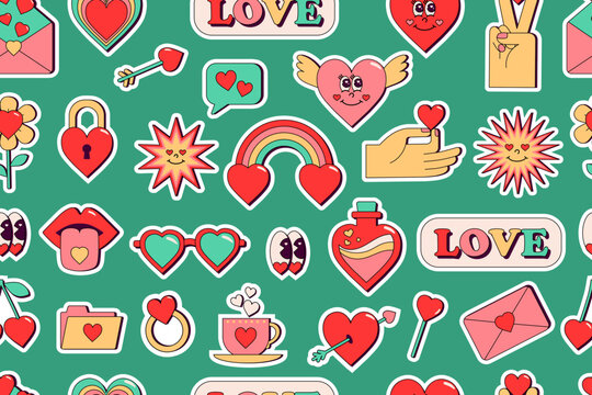 Seamless pattern about love on a green background. Stickers in retro clockwork style. Colorful pattern for Valentine's Day. Image: glasses, love potion, rainbow, eyes, heart with arrow. Vector.