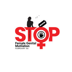 International Day of Zero Tolerance for Female Genital Mutilation Vectors. Woman handprint with razor blade silhouette icon vector. Stop FGM violence against women. 6 February. important day