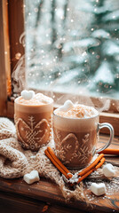 Fototapeta na wymiar Tazas de Chocolate Caliente con Decoración Invernal