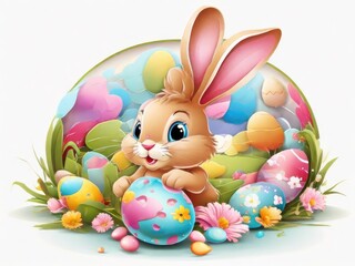 Cute Cartoon Easter bunny with eggs 
