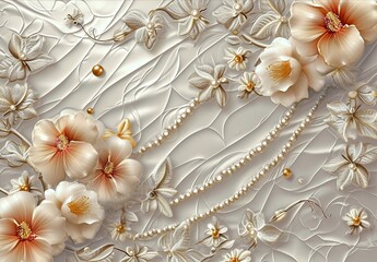 a floral scene with flowers and pearls, in the style of light gold and silver, photorealistic renderings, mismatched patterns, made of insects, detailed drapery, eye-catching, gemstone.
