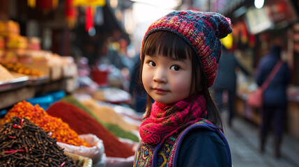 A Charming Girl with Big Enchanting Eyes Immersed in Colorful Spice-filled Stalls, Discovering the Magic of Spices.