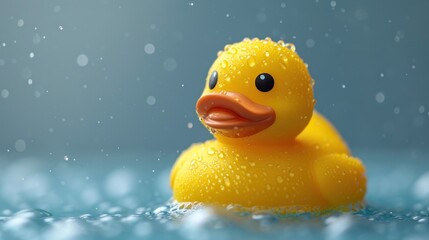  a close up of a rubber ducky in a pool of water with drops of water on the water around it. - obrazy, fototapety, plakaty