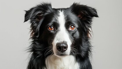 Highlight the alert and intelligent gaze of a Border Collie, emphasizing the breed's sharp instincts and agility against a neutral white background, Happy black and white border collie dog.
