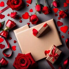 Valentine background with red roses and gifts. Valentine holiday surprise. Happy Lovers Day.