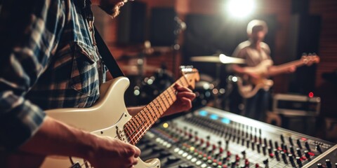 Guitarist Tuning White Electric Guitar in Recording Studio - obrazy, fototapety, plakaty
