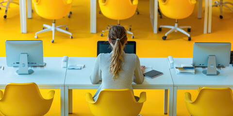 Modern Office Workspace with Bright Yellow Chairs