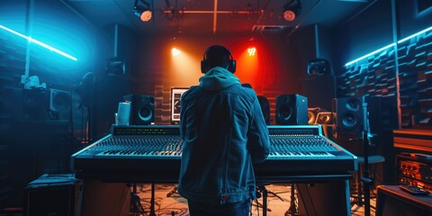 Modern Music Production Studio with Blue Neon Lights