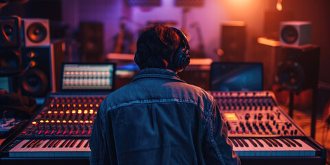 Music Producer Overlooking Studio Mixing Desk