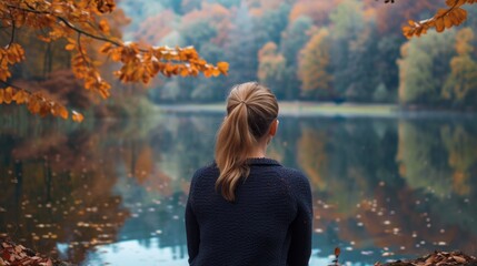 Woman with her back to the camera, looking out over a calm lake surrounded by autumn foliage generative ai - obrazy, fototapety, plakaty