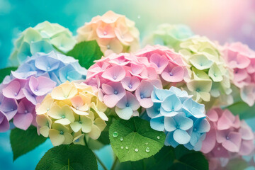Colorful hydrangea flowers on a nature background with water drops.