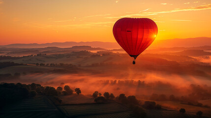 Paisaje de colinas al amanecer con globo aerostático en forma de corazón - obrazy, fototapety, plakaty