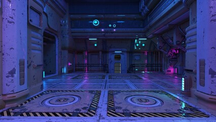 3D illustration of a futuristic room with blue and purple neon lights. Cyberpunk scene. Industrial wallpaper.