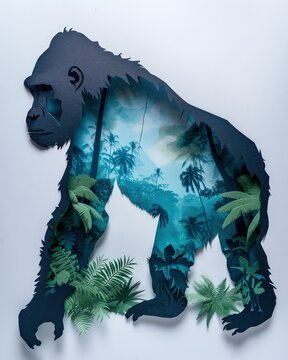 silhouette of a gorilla, with an image of the rainforest inside - ai-generated