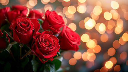 Ramo de rosas rojas con luces bokeh en el fondo - obrazy, fototapety, plakaty