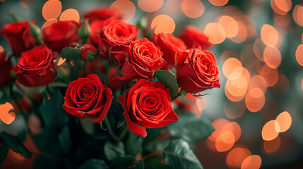 Ramo de rosas rojas con luces bokeh en el fondo - obrazy, fototapety, plakaty