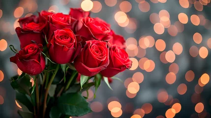 Fotobehang Ramo de rosas rojas con luces bokeh en el fondo © Carmen