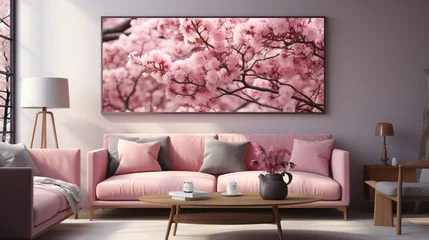 Poster Realistic cherry blossom branch in spring with Watercolor pink sakura flower and leaves background © pixeness